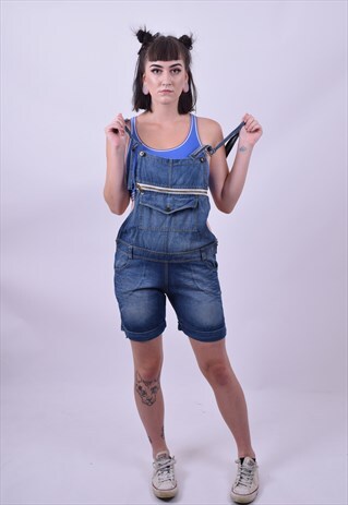 VINTAGE 90'S BLUE DENIM DUNGAREE SHORTS SIZE 6 8 10