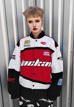 Motorcycle jacket multi patch padded Racer bomber in red