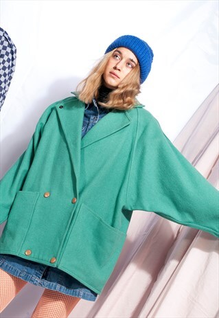 VINTAGE WOOL JACKET 80S OVERSIZED TURQUOISE COAT
