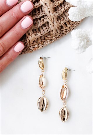 GOLD PUKA SHELL BEACH DROP DANGLE CHANDELIER EARRINGS
