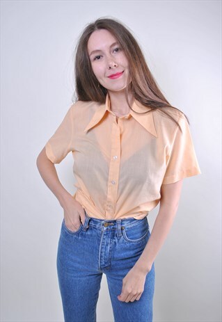 RETRO YELLOW WOMAN MINIMALIST SHORT SLEEVE BLOUSE, SIZE S