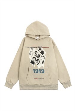 80s print hoodie Gothic pullover old wash punk jumper cream