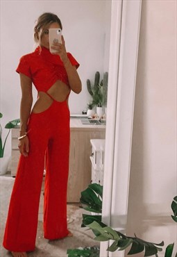 Backless Red Jumpsuit With High Neck