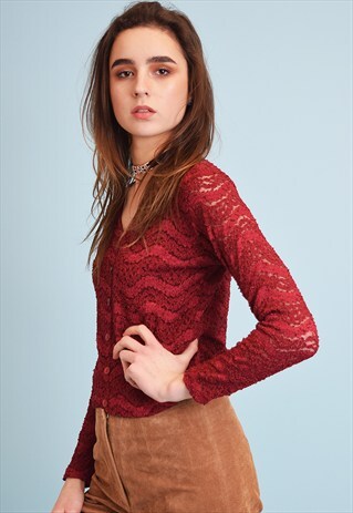 90'S RETRO MAROON KNITTED SHEER PARTY TOP BLOUSE IN CROCHET