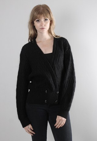 VINTAGE 80S BLACK TEXTURED KNIT DOUBLE BREASTED CARDIGAN
