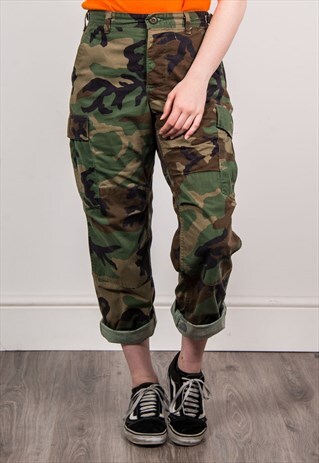 90'S VINTAGE GREEN CAMO PRINT CARGO PANTS ARMY TROUSERS