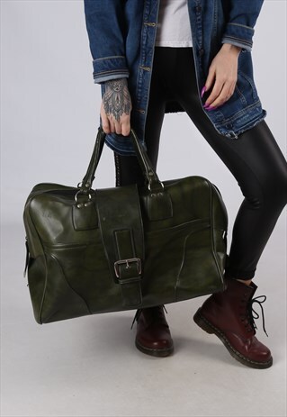VINTAGE LARGE WEEKEND HOLDALL LEATHER BAG GREEN (A4C)