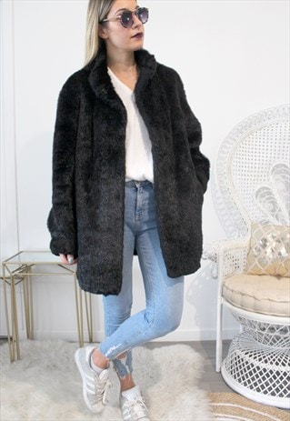VINTAGE COAT FAUX FUR BLACK