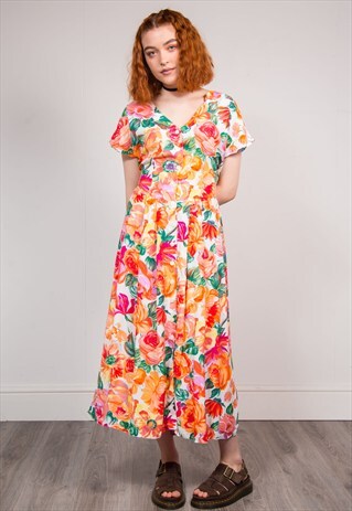 90'S VINTAGE PEACH FLORAL PATTERN SUMMER DRESS