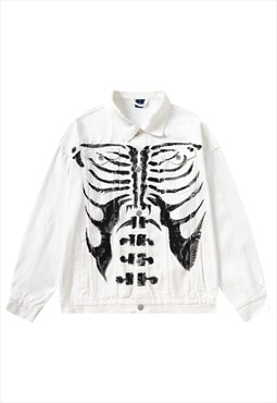 Bones print denim jacket skeleton ribs jean bomber in white
