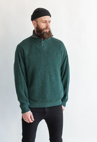 VINTAGE 80S GREEN HIGH NECK JUMPER IN RICH GREEN