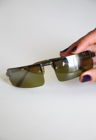 VINTAGE SILVER HALF RIMLESS FRAME, DARK GREEN LENSES