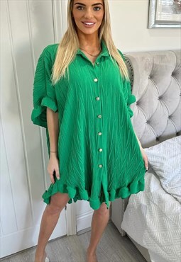 Crinkled button shirt dress (Green)
