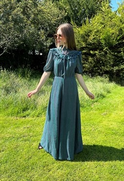 70's Vintage Green Gold Lurex Ruffle Evening Maxi Dress