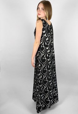 70's Vintage Ladies Black Silver Lurex Evening Maxi Dress 