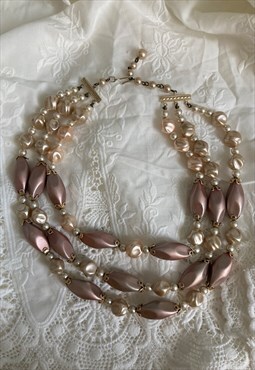 Vintage Necklace Gold Pearl Choker Tripple Chain Bead Collar