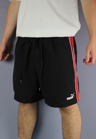 VINTAGE PUMA SHORTS IN BLACK WITH POCKETS, EMBROIDERED LOGO
