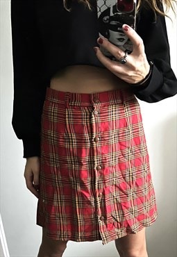 Red Plaid Buttoned Mini Skirt - Small