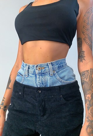 VINTAGE REWORKED HIGH DOUBLE WAIST BLACK CORDUROY JEANS