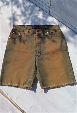 Blue/dirty brown denim high waist stretch cut off shorts