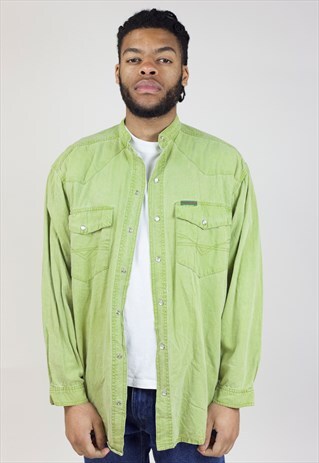 VINTAGE 90S GRANDAD COLLAR GREEN SHIRT