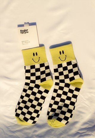 Green Checkerboard Smiley Face Socks