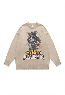 Academia sweater knitted distressed Anime print jumper beige