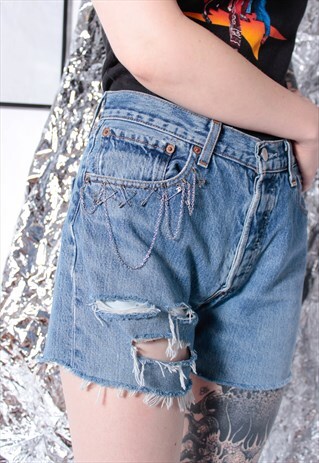 80S PUNK 90S GRUNGE REWORKED PIN CHAIN LEVIS DENIM SHORTS