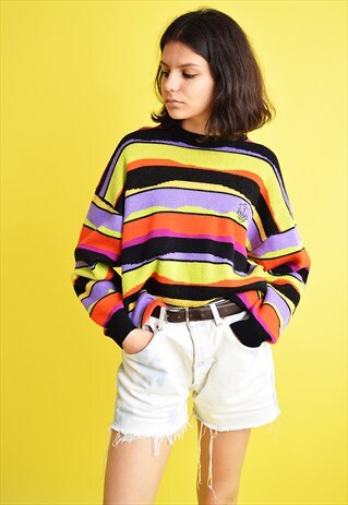 80'S RETRO STRIPED OVERSIZED SLOUCHY KNITTED JUMPER TOP