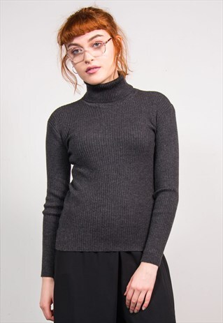 VINTAGE 90'S GREY ROLL NECK RIBBED KNIT TOP JUMPER