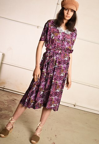 80'S RETRO ABSTRACT FLORAL PRINT PARIS CHIC MIDI TEA DRESS
