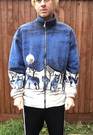 VINTAGE OVERSIZED FLEECE JACKET WOLF ANIMAL PRINT