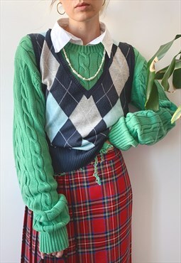 Vintage Y2K Navy Schoolgirl Preppy Knit Argyle Sweater Vest