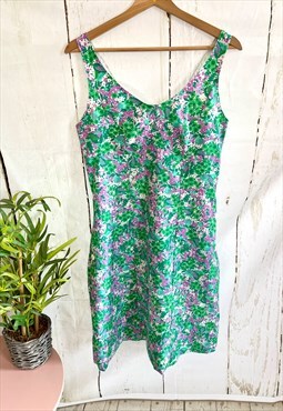 Vintage Green & Purple Floral Printed 80's Summer Dress