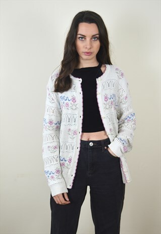 80S VINTAGE FLORAL PATTERN KNIT BUTTON UP CARDIGAN