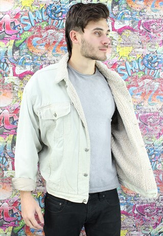 VINTAGE 80S BEIGE SHERPA LINED DENIM JACKET.
