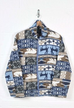 Vintage Fleece Jacket Retro Pattern Blue Ladies Medium