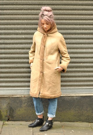 VINTAGE 70'S BEIGE HOODED SHEEPSKIN COAT