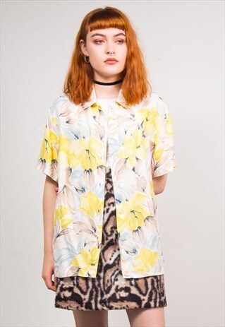 VINTAGE 90'S YELLOW FLORAL SHORT SLEEVE SHIRT