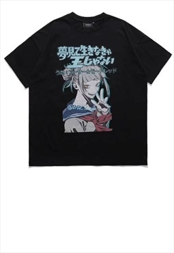 Anime girl print t-shirt Korean manga tee Harajuku top black
