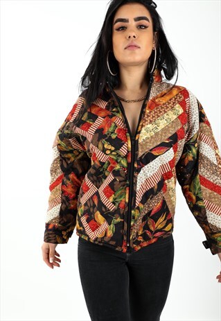VINTAGE AUTUMN LEAVES PATTERNED QUILTED JACKET NJ61
