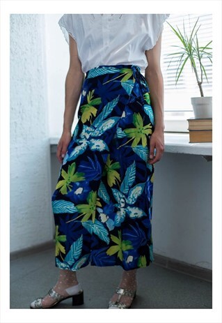 VINTAGE 80'S FLORAL PRINT BLUE WRAP SUMMER SKIRT