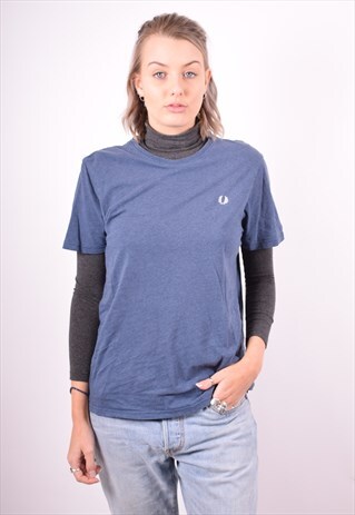 FRED PERRY WOMENS VINTAGE T-SHIRT TOP MEDIUM BLUE 90'S
