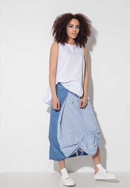 Maxi linen poplin skirt in blue with gingham front 
