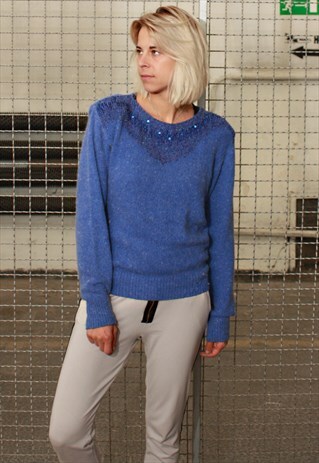 VINTAGE 80' UNIQUE BEAUTIFUL SILK BLUE JUMPER