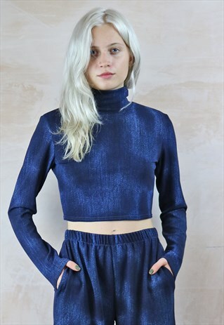 BLUE JEAN CROP TURTLE NECK TOP