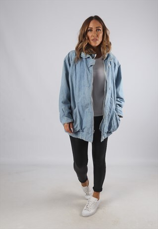 VINTAGE DENIM BOMBER JACKET OVERSIZED FITTED UK L 14 (J9AE)