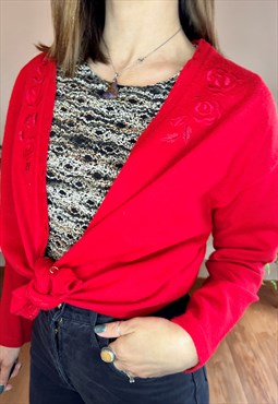 1980's vintage wool blend red cardigan with embroidered rose