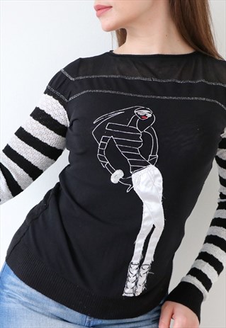 VINTAGE Y2K GRAPHIC LONG SLEEVE TOP FINE KNIT JUMPER