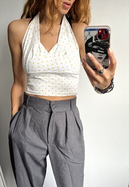 Casual Holiday Beach Polka Dot Halter Cropped White Top 